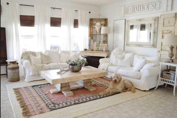 woven persian, layered rug in living room with dog and white couch, farmhouse style