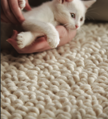 Kitten cuddles on beige wool carpet, berber loop pile